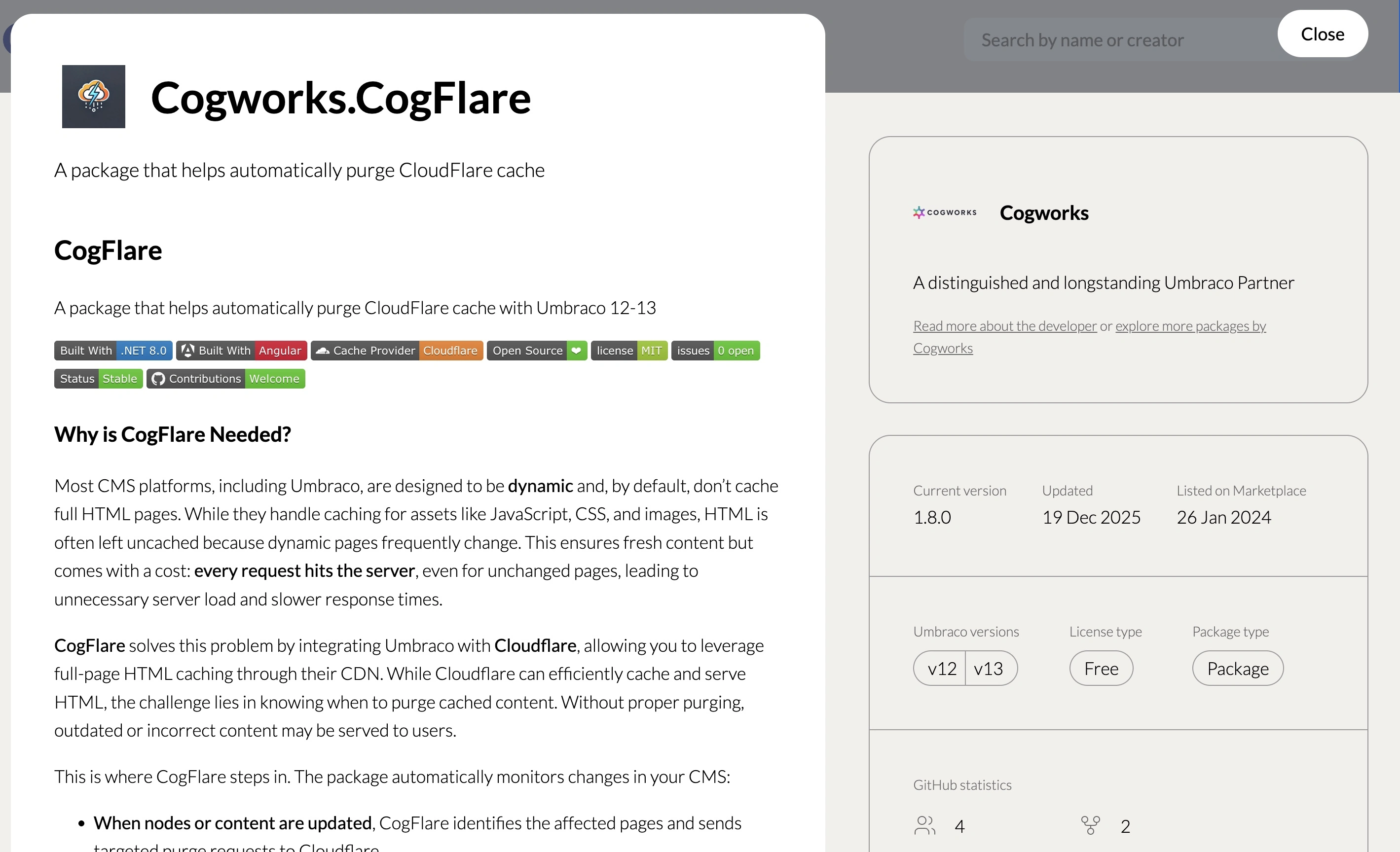 Screenshot of CogFlare from Umbraco Marketplace 2026
