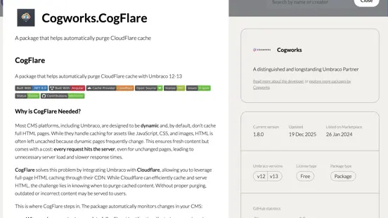 Screenshot of CogFlare from Umbraco Marketplace 2026