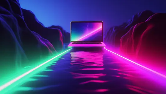 Firefly An Image Of A Laptop Flowing Down A River At Night With A Screen Giving Off Green And Purple